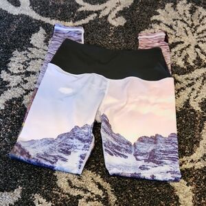 Girls Purple Mountain-Print Leggings with Black Waistband